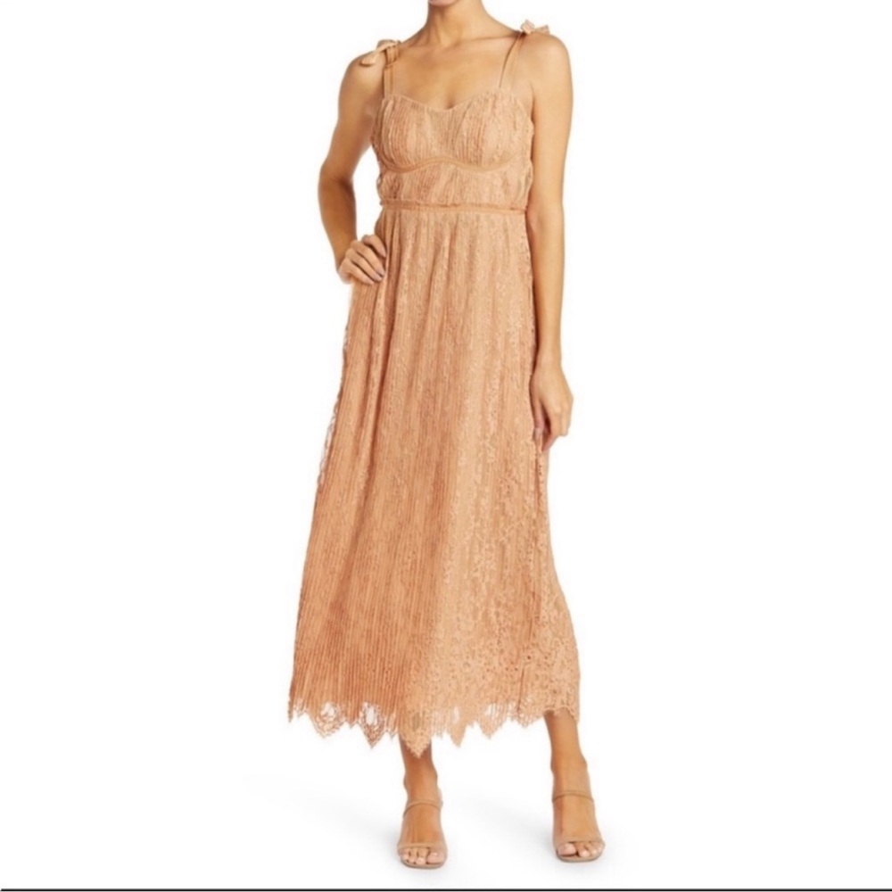 JONATHAN SIMKHAI Bonnie Silk Lace Plisse Strapless Bustier Midi Dress